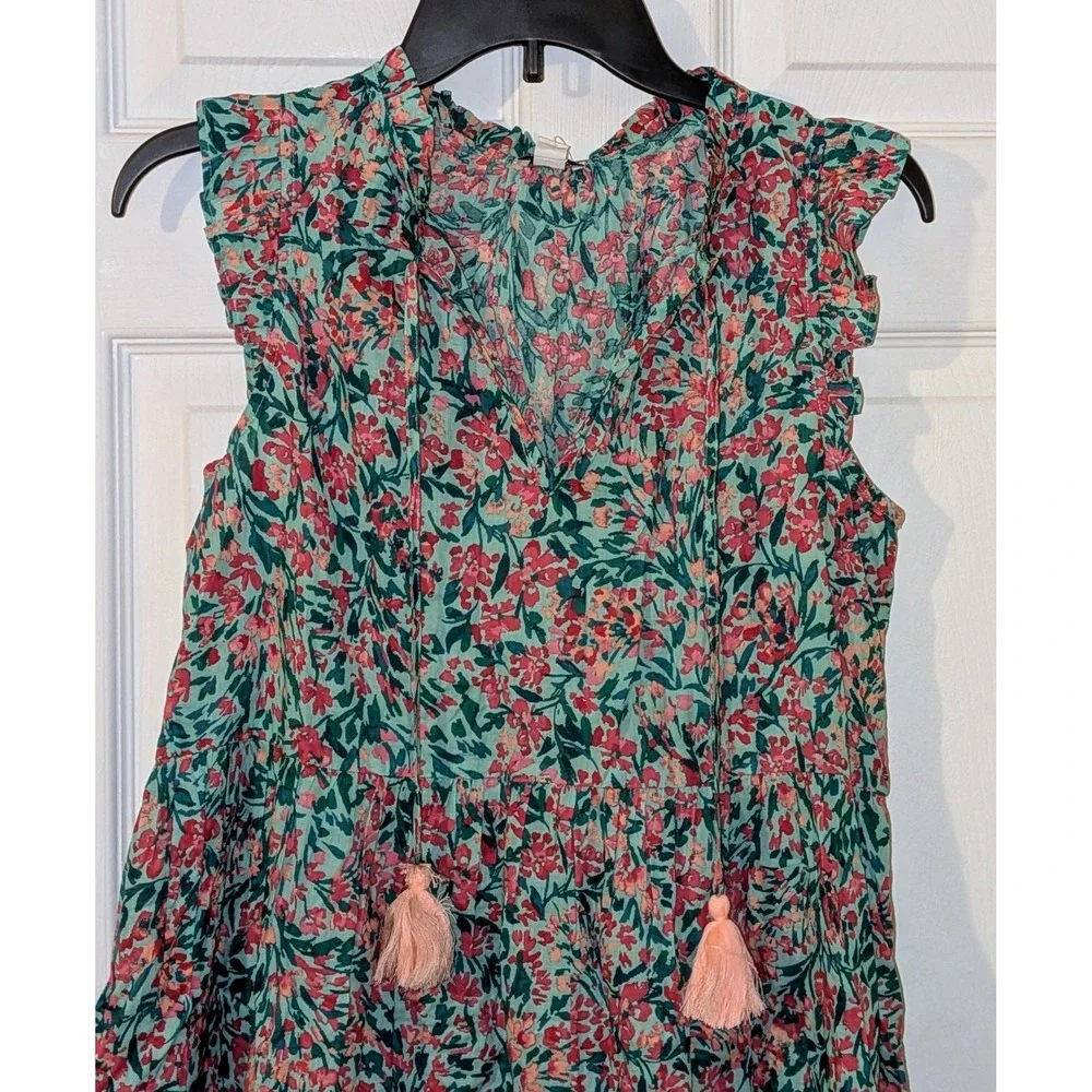 J. Crew Tiered Floral Ruffle V Neck Tassel Dress XS Mint Pink Green NWT‎ $98